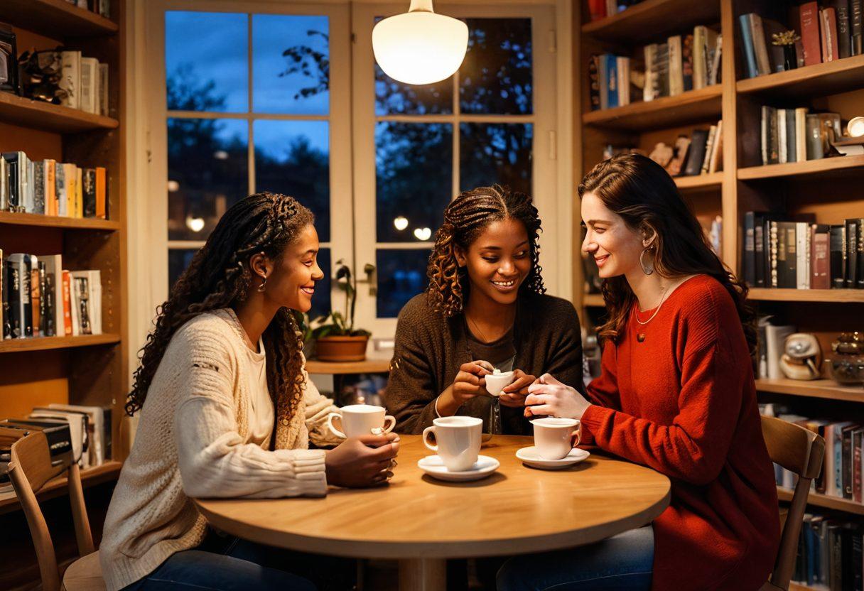 A warm and inviting scene depicting two diverse individuals sharing a heartfelt conversation over coffee, surrounded by soft lighting and intimate decor. Include symbols of connection like intertwined hearts and keys representing the unlocking of intimacy. The background should feature cozy elements such as bookshelves filled with love stories and plants symbolizing growth. Use vibrant colors to convey warmth and connection. super-realistic. intimate atmosphere. warm colors.